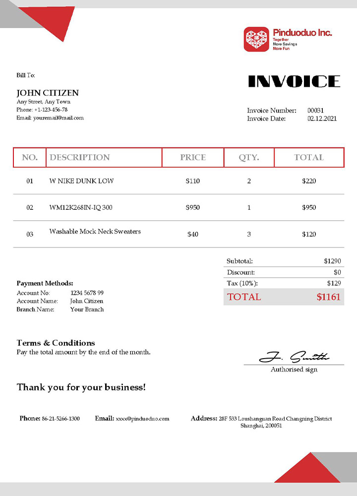 USA Pinduoduo invoice PSD template